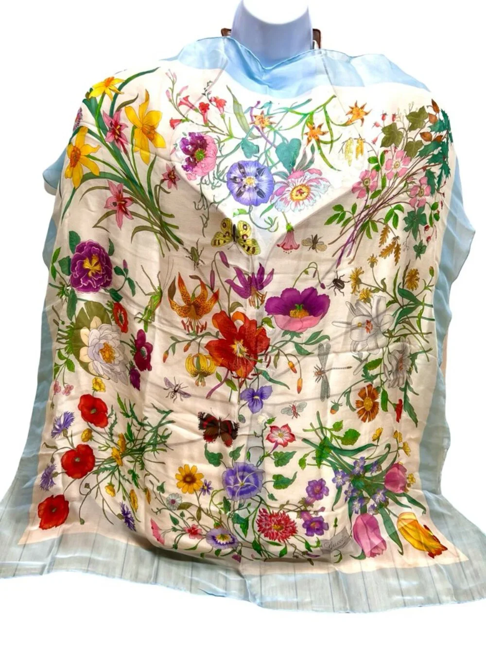 Beautiful Gucci V. ACCORNERO Floral Silk Chiffon Scarf Light Blue Green Pink (20